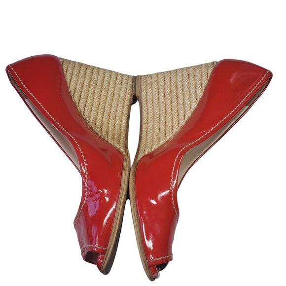 Prada Red Patent Leather Wedge Peep Toe Heels Women Shoe 36.5 US 6.5 - Picture 3 of 12